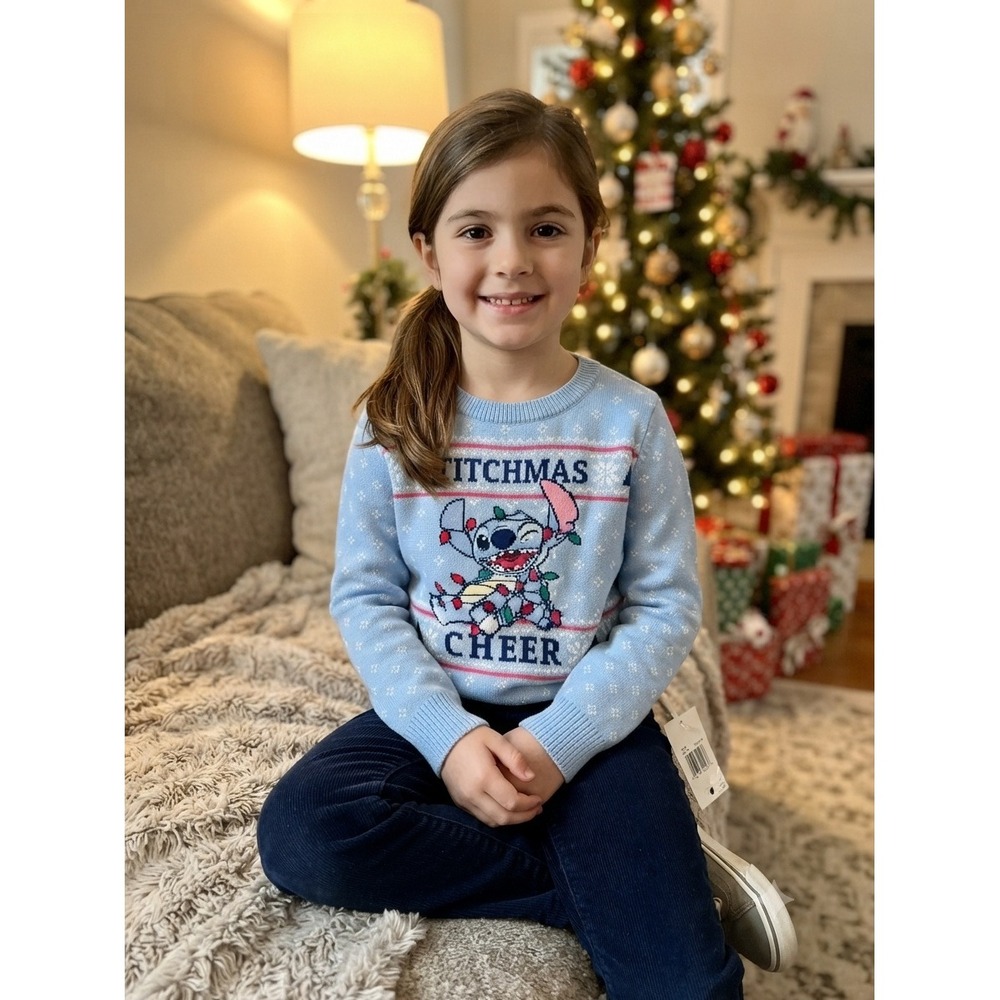 Disney Jumping Beans Stitchmas Cheer Holiday Sweater Blue Toddler Girls 4T NEW